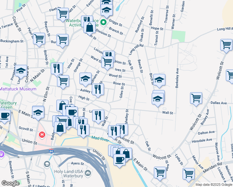 map of restaurants, bars, coffee shops, grocery stores, and more near 81 Giles Street in Waterbury