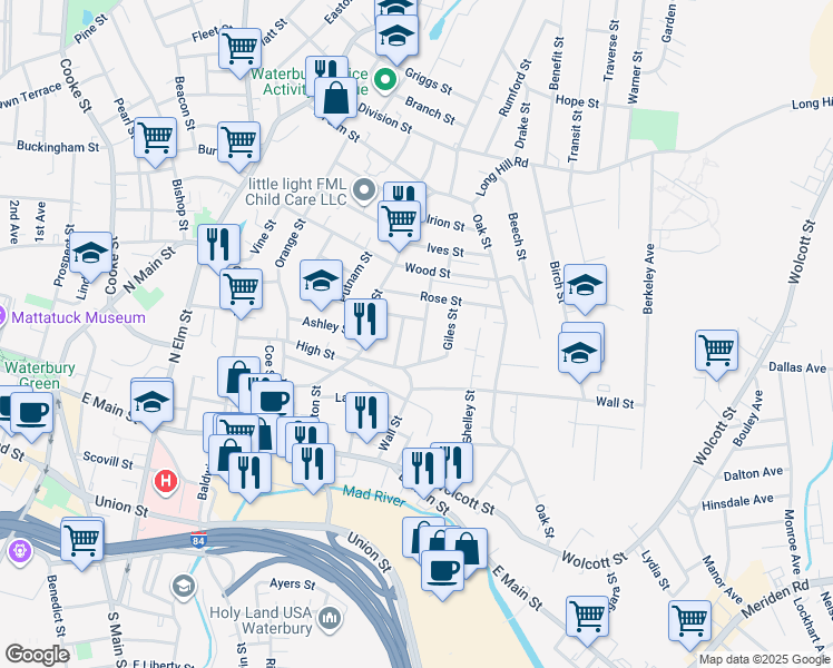 map of restaurants, bars, coffee shops, grocery stores, and more near 37 Vermont Street in Waterbury