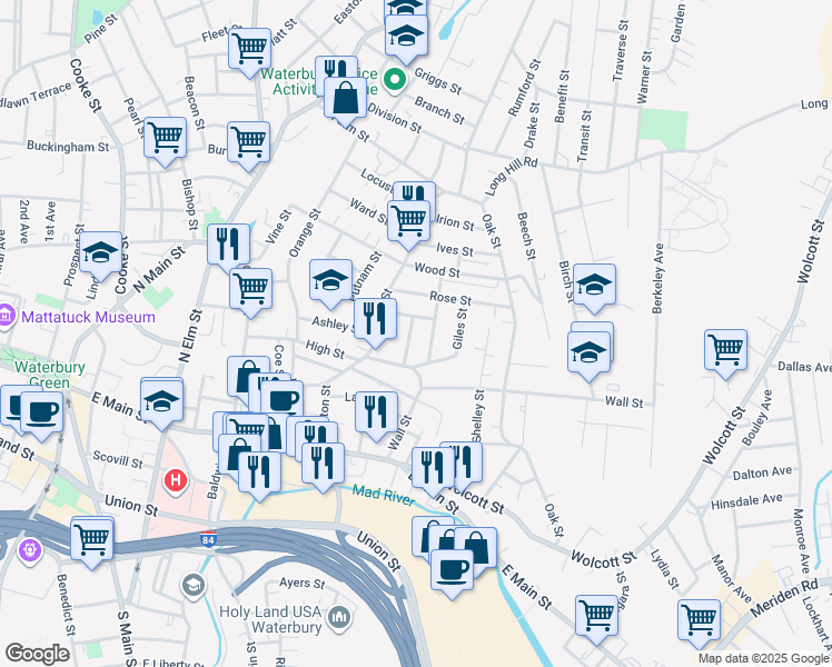 map of restaurants, bars, coffee shops, grocery stores, and more near 37 Vermont Street in Waterbury