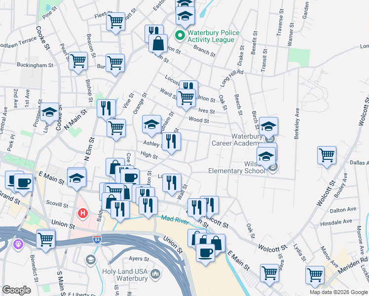 map of restaurants, bars, coffee shops, grocery stores, and more near 37 Vermont Street in Waterbury