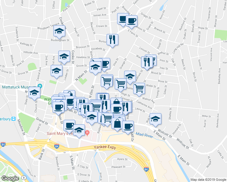 map of restaurants, bars, coffee shops, grocery stores, and more near 21 High Street in Waterbury