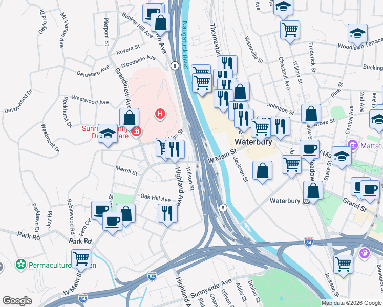 map of restaurants, bars, coffee shops, grocery stores, and more near in Waterbury