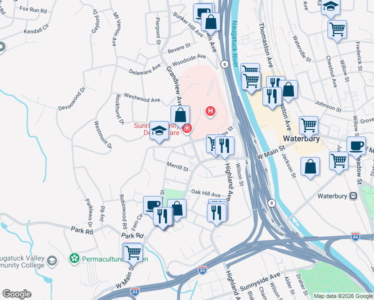 map of restaurants, bars, coffee shops, grocery stores, and more near 159 Robbins Street in Waterbury