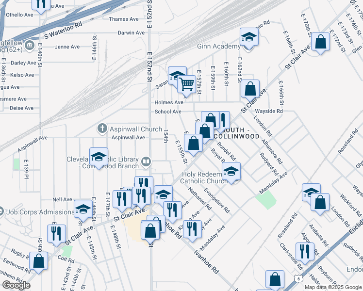 map of restaurants, bars, coffee shops, grocery stores, and more near 819 East 155th Street in Cleveland