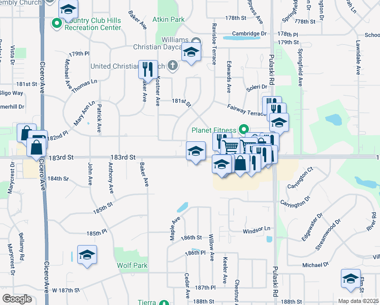 map of restaurants, bars, coffee shops, grocery stores, and more near in Country Club Hills
