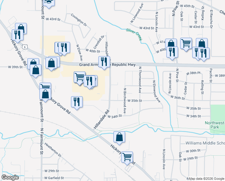 map of restaurants, bars, coffee shops, grocery stores, and more near 3607 Hillandale Road in Davenport
