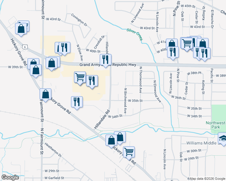 map of restaurants, bars, coffee shops, grocery stores, and more near 3607 Hillandale Road in Davenport