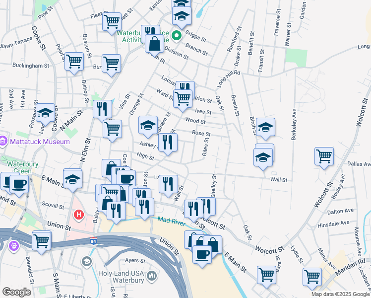 map of restaurants, bars, coffee shops, grocery stores, and more near 37 Vermont Street in Waterbury