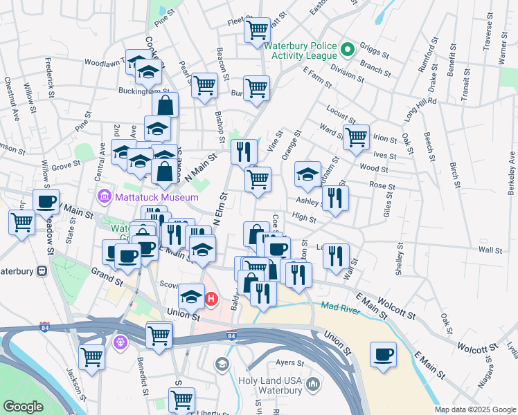map of restaurants, bars, coffee shops, grocery stores, and more near 21 High Street in Waterbury