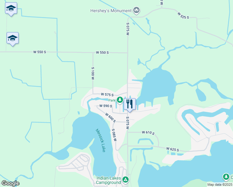 map of restaurants, bars, coffee shops, grocery stores, and more near 825 West 575 South in Wolcottville