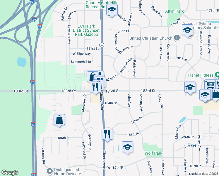 map of restaurants, bars, coffee shops, grocery stores, and more near 4740 183rd Street in Country Club Hills