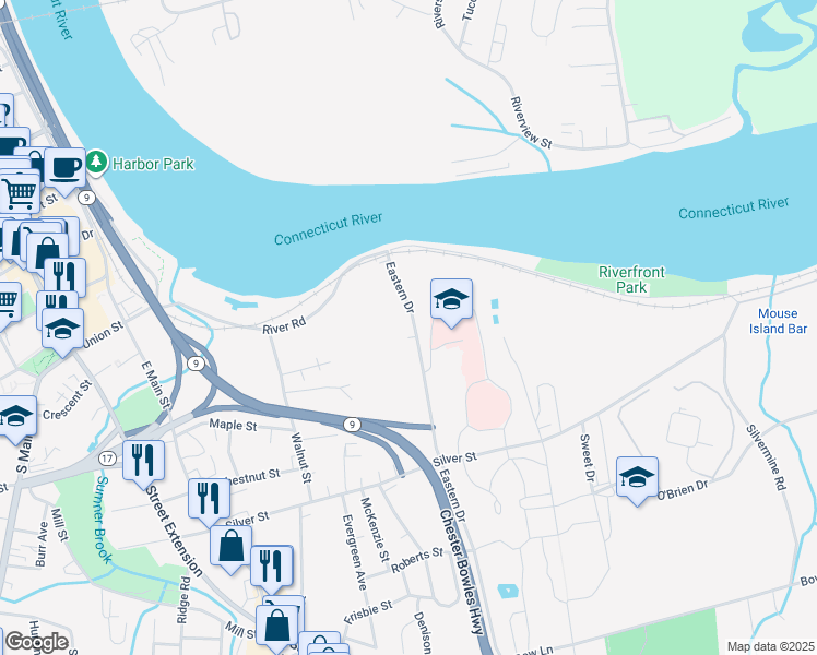 map of restaurants, bars, coffee shops, grocery stores, and more near 87 Eastern Drive in Middletown
