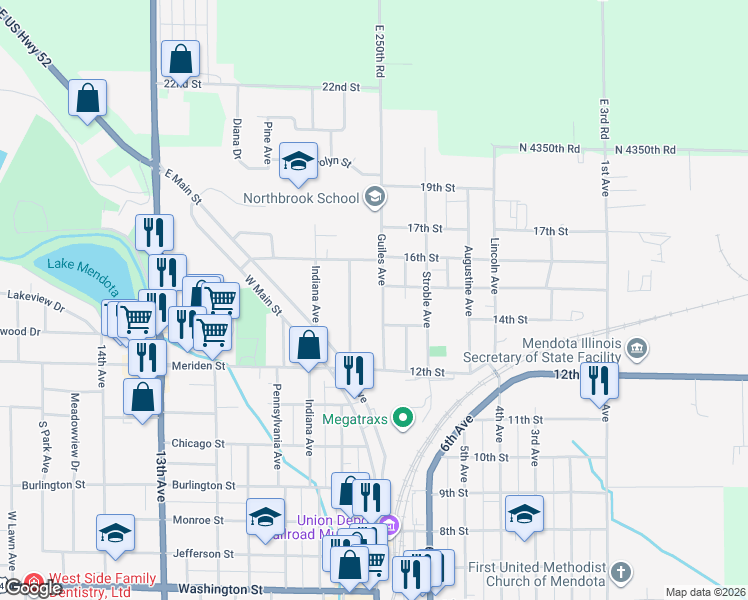 map of restaurants, bars, coffee shops, grocery stores, and more near 1509 Guiles Avenue in Mendota