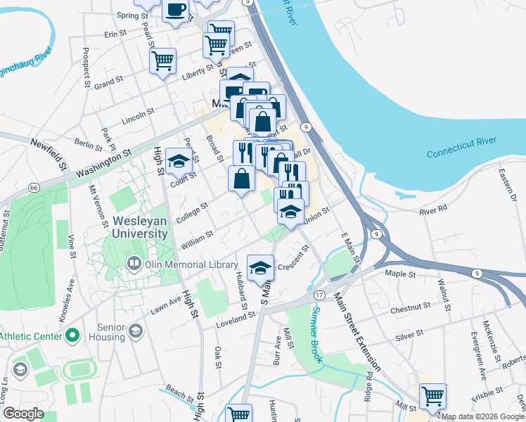 map of restaurants, bars, coffee shops, grocery stores, and more near 147 William Street in Middletown