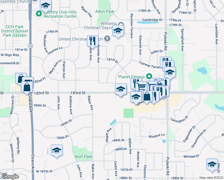 map of restaurants, bars, coffee shops, grocery stores, and more near 4310 183rd Street in Country Club Hills