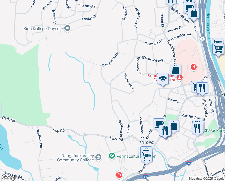 map of restaurants, bars, coffee shops, grocery stores, and more near 210 Parklawn Drive in Waterbury