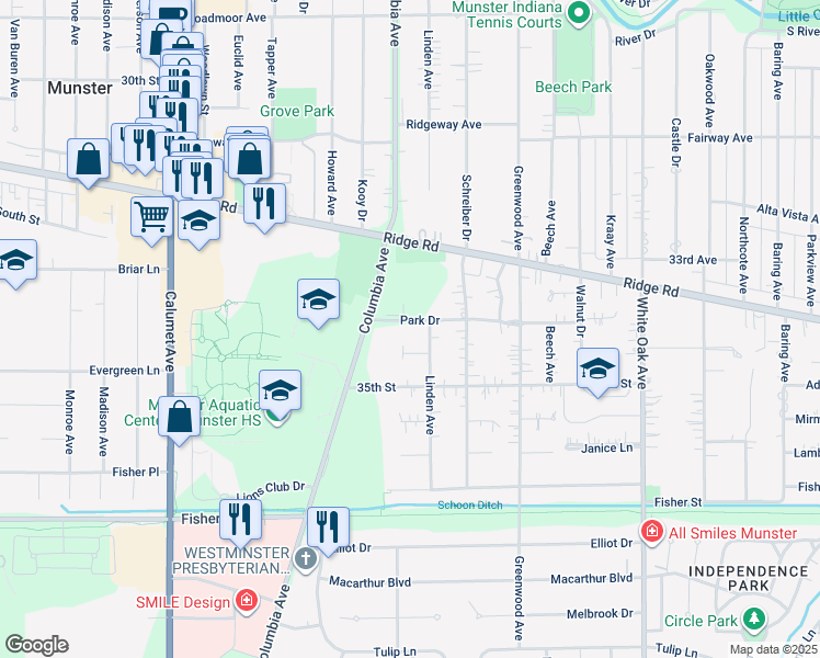 map of restaurants, bars, coffee shops, grocery stores, and more near 1210 Park Drive in Munster