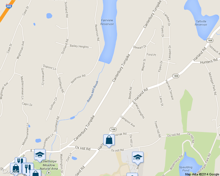 map of restaurants, bars, coffee shops, grocery stores, and more near 87 Canterbury Turnpike in Norwich