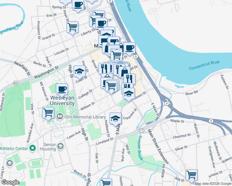 map of restaurants, bars, coffee shops, grocery stores, and more near 147 William Street in Middletown