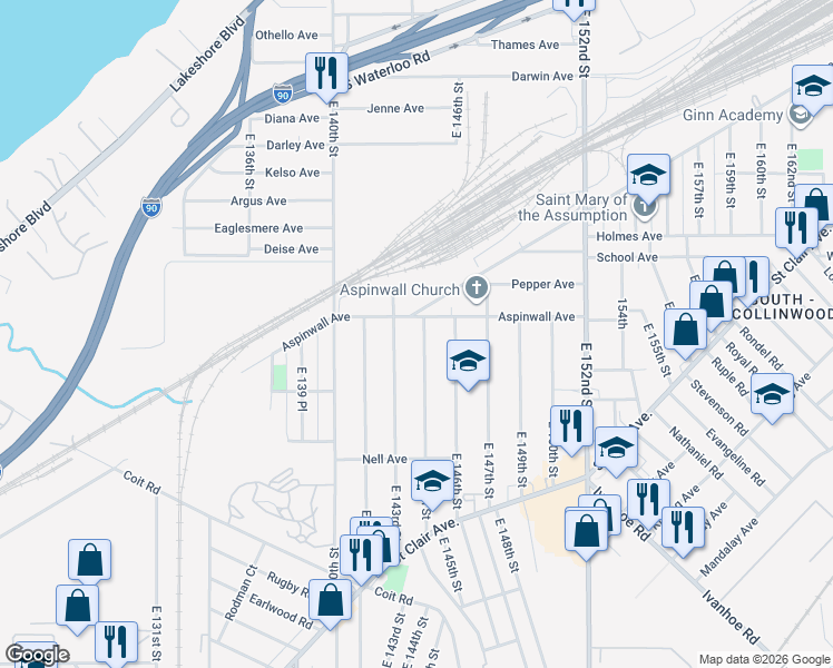 map of restaurants, bars, coffee shops, grocery stores, and more near 828 East 144th Street in Cleveland