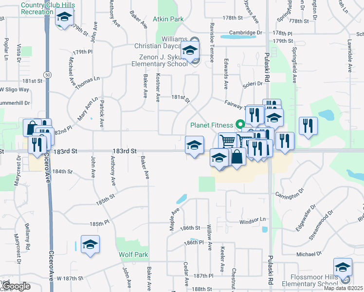 map of restaurants, bars, coffee shops, grocery stores, and more near 4308 183rd Street in Country Club Hills