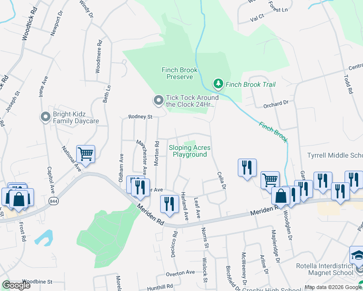 map of restaurants, bars, coffee shops, grocery stores, and more near 154 Townsend Avenue in Waterbury