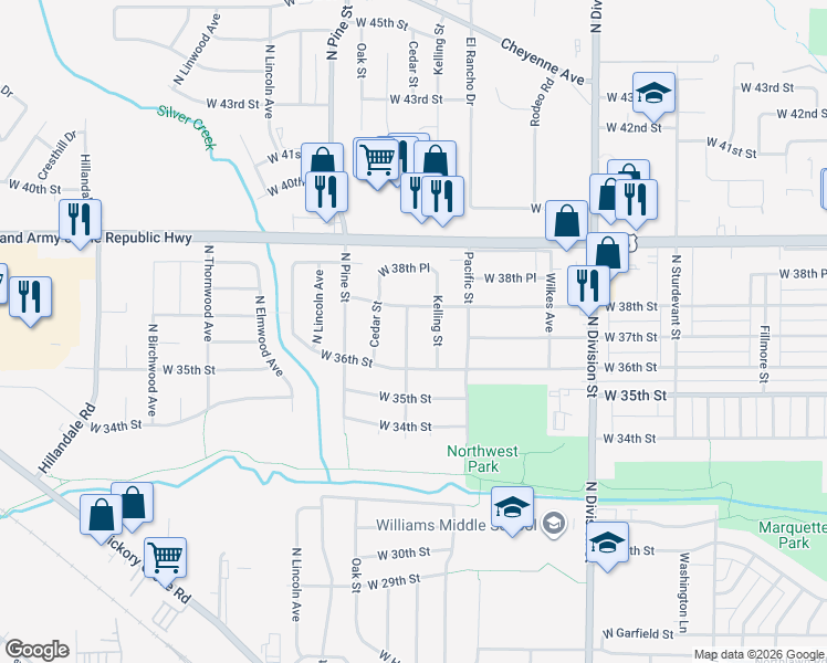 map of restaurants, bars, coffee shops, grocery stores, and more near 3707 Volquardsen Avenue in Davenport