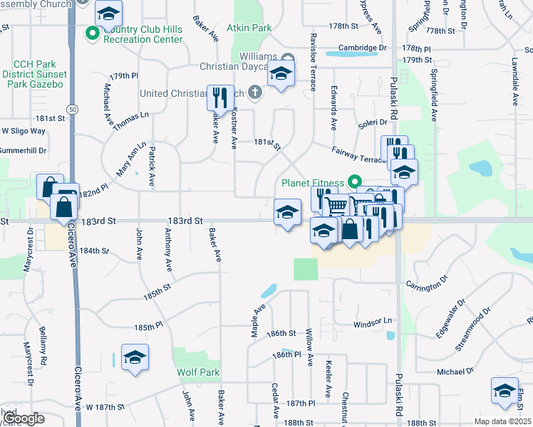 map of restaurants, bars, coffee shops, grocery stores, and more near 4310 183rd Street in Country Club Hills