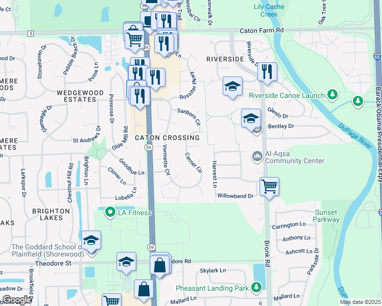 map of restaurants, bars, coffee shops, grocery stores, and more near 1921 Carrier Circle in Plainfield
