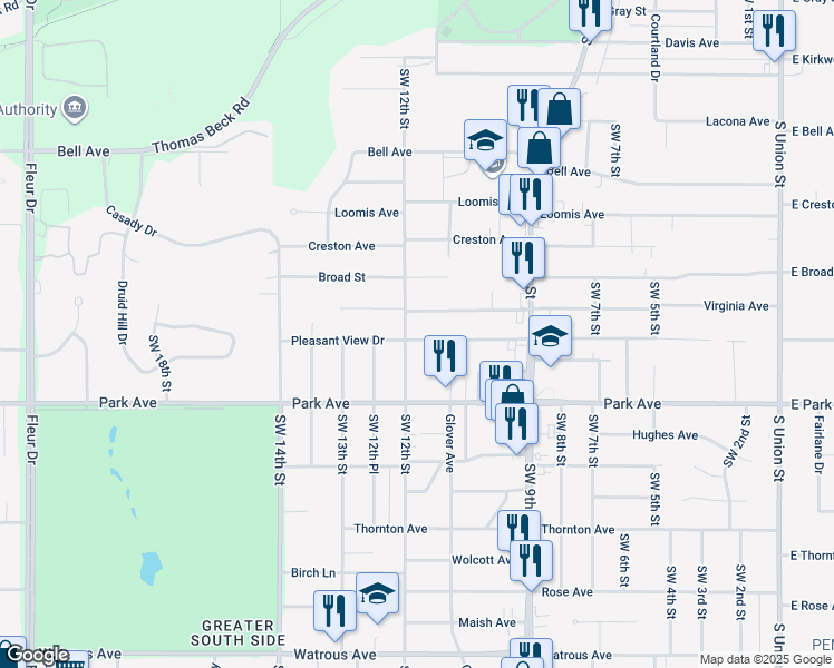 map of restaurants, bars, coffee shops, grocery stores, and more near 1129 Pleasant View Drive in Des Moines