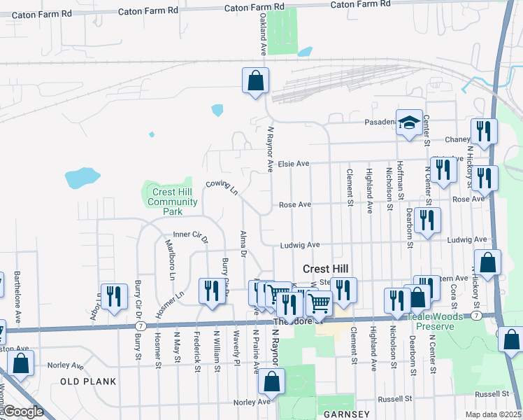 map of restaurants, bars, coffee shops, grocery stores, and more near 1949 Cowing Lane in Crest Hill