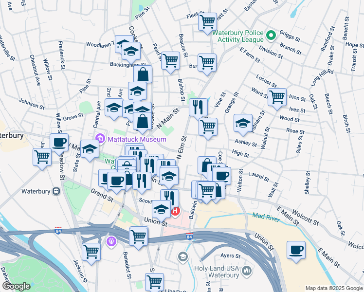 map of restaurants, bars, coffee shops, grocery stores, and more near North Elm Street in Waterbury