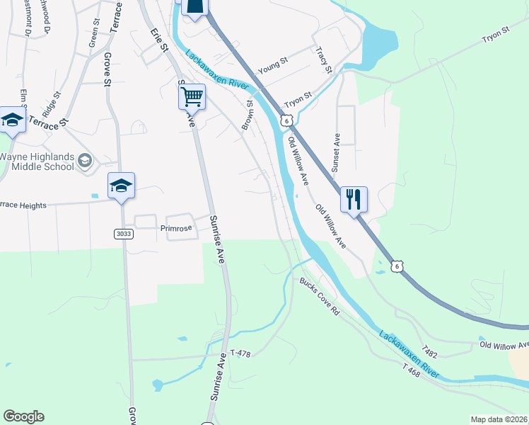 map of restaurants, bars, coffee shops, grocery stores, and more near 430 Erie Street in Honesdale