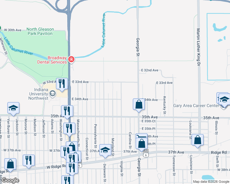 map of restaurants, bars, coffee shops, grocery stores, and more near 3357 Maryland Street in Gary
