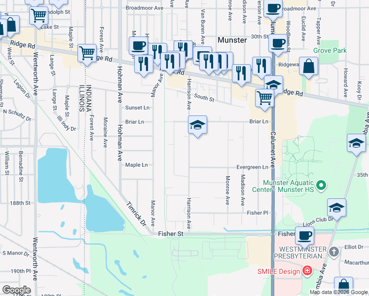 map of restaurants, bars, coffee shops, grocery stores, and more near 8601-8699 Harrison Avenue in Munster
