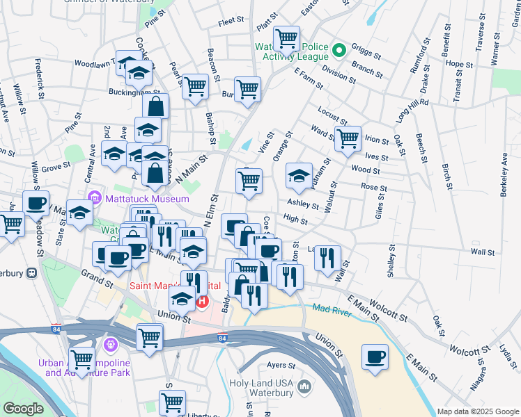map of restaurants, bars, coffee shops, grocery stores, and more near 21 High Street in Waterbury