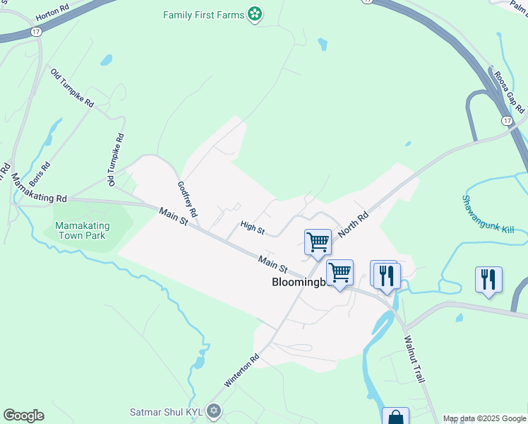 map of restaurants, bars, coffee shops, grocery stores, and more near Meschutt Road in Bloomingburg