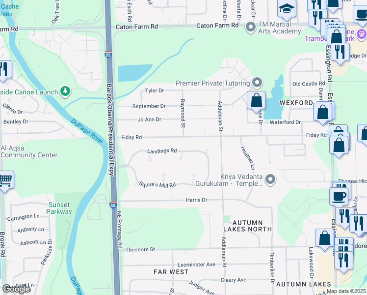 map of restaurants, bars, coffee shops, grocery stores, and more near 3705 Landings Road in Joliet