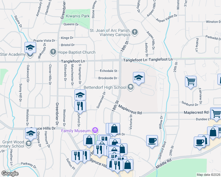 map of restaurants, bars, coffee shops, grocery stores, and more near 2320 Pinehurst Street in Bettendorf