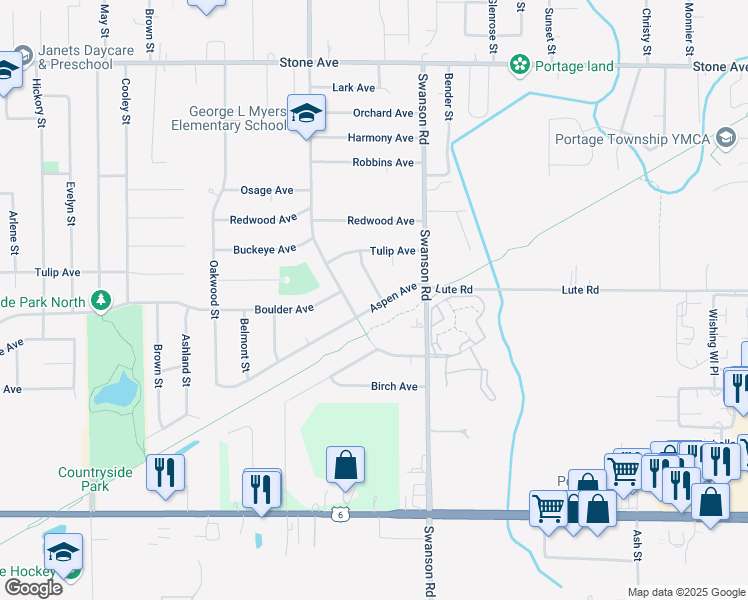 map of restaurants, bars, coffee shops, grocery stores, and more near 5560 Aspen Avenue in Portage