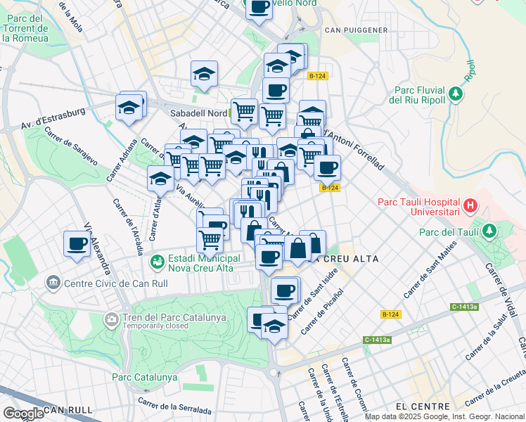 map of restaurants, bars, coffee shops, grocery stores, and more near in Sabadell