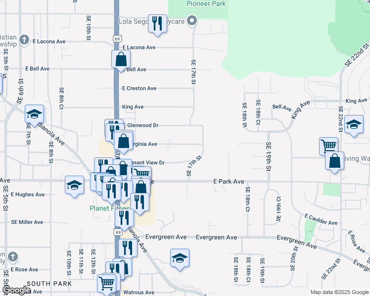 map of restaurants, bars, coffee shops, grocery stores, and more near 1615 East Virginia Avenue in Des Moines