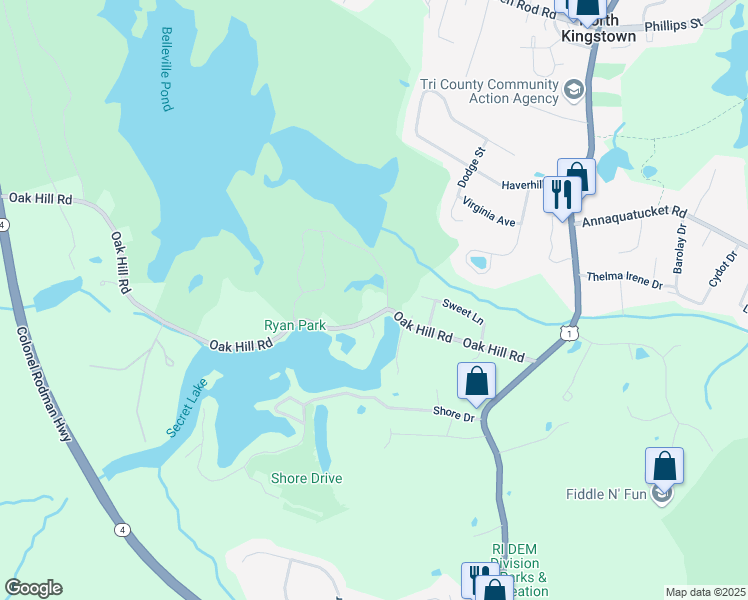 map of restaurants, bars, coffee shops, grocery stores, and more near 197 Oak Hill Road in North Kingstown