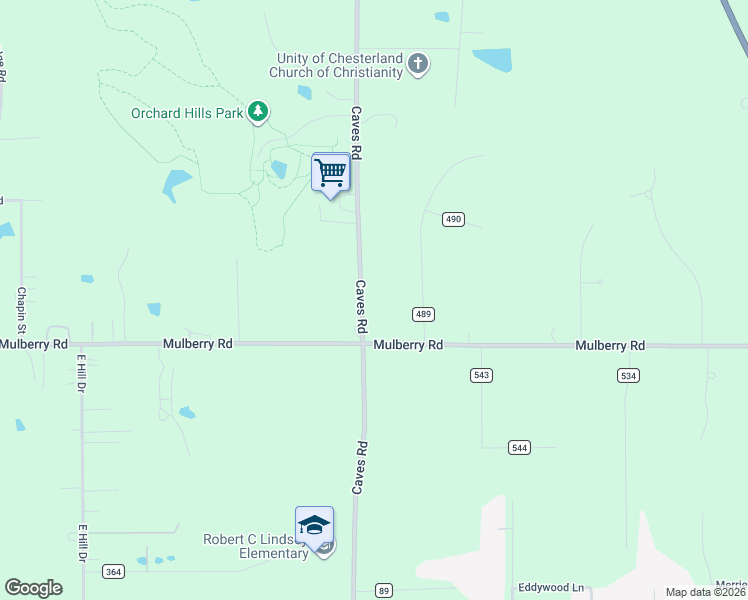 map of restaurants, bars, coffee shops, grocery stores, and more near 11525 Caves Road in Chesterland