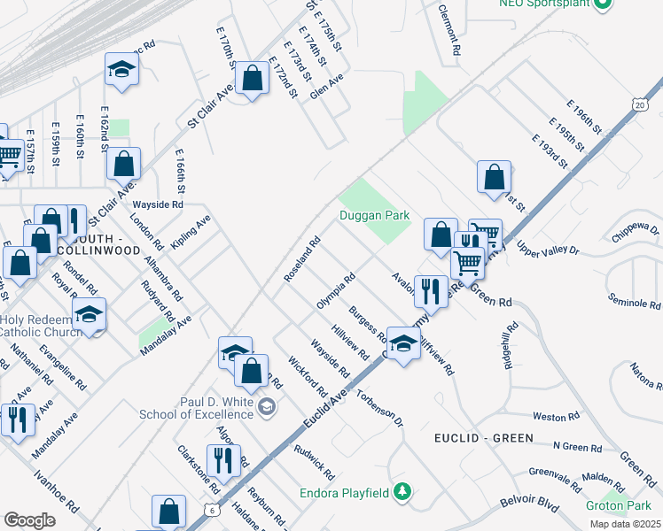 map of restaurants, bars, coffee shops, grocery stores, and more near 1668 Cliffview Rd in Cleveland