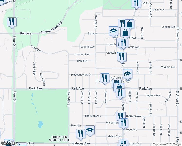 map of restaurants, bars, coffee shops, grocery stores, and more near 1209 Pleasant View Drive in Des Moines
