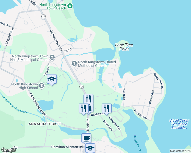 map of restaurants, bars, coffee shops, grocery stores, and more near 150 Duck Cove Road in North Kingstown