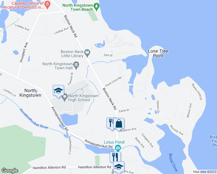 map of restaurants, bars, coffee shops, grocery stores, and more near 17 Duck Cove Road in North Kingstown
