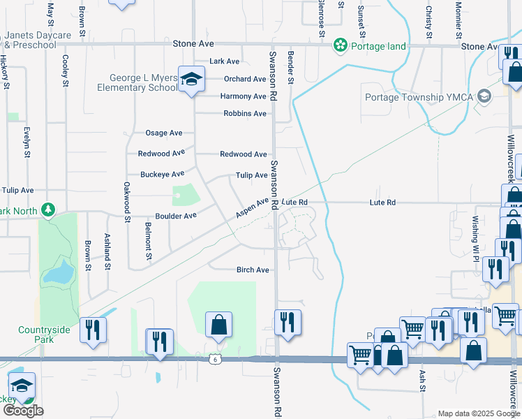 map of restaurants, bars, coffee shops, grocery stores, and more near 5611 Aspen Avenue in Portage