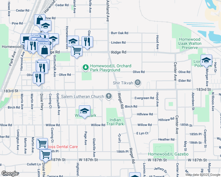 map of restaurants, bars, coffee shops, grocery stores, and more near 1556 183rd Street in Homewood